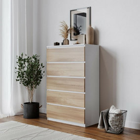 URBNLIVING 89cm Height 4 Oak Drawer Skagen Grey Wooden Bedroom Chest Cabinet No Handle Storage Cupboard