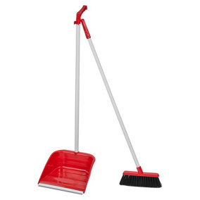 URBNLIVING 89cm Height Long Handled Upright Indoor Plastic Dustpan & Floor Brush Sweeper Cleaning Red Set