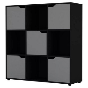 URBNLIVING 9 Cube Black Wooden Bookcase Shelving Display Shelves Storage Unit Wood Shelf Grey Door
