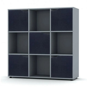 URBNLIVING 9 Cube Grey Wooden Bookcase Shelving Display Shelves Storage Unit Wood Shelf Black Door