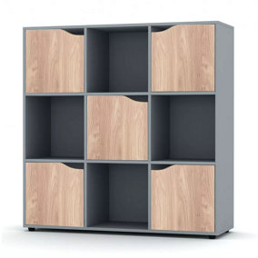 URBNLIVING 9 Cube Grey Wooden Bookcase Shelving Display Shelves Storage Unit Wood Shelf Oak Door