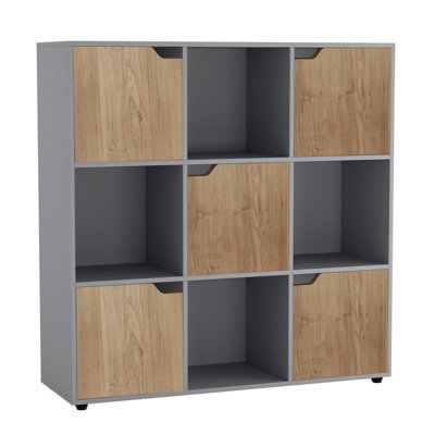 URBNLIVING 9 Cube Grey Wooden Bookcase Shelving Display Shelves Storage Unit Wood Shelf Oak Door