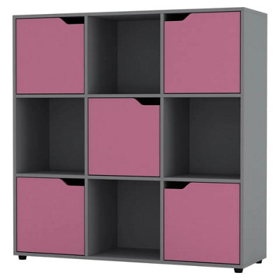 URBNLIVING 9 Cube Grey Wooden Bookcase Shelving Display Shelves Storage Unit Wood Shelf Pink Door