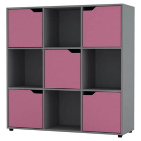 URBNLIVING 9 Cube Grey Wooden Bookcase Shelving Display Shelves Storage Unit Wood Shelf Pink Door