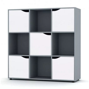 URBNLIVING 9 Cube Grey Wooden Bookcase Shelving Display Shelves Storage Unit Wood Shelf White Door