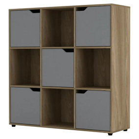 URBNLIVING 9 Cube Oak Wooden Bookcase Shelving Display Shelves Storage Unit Wood Shelf Grey Door