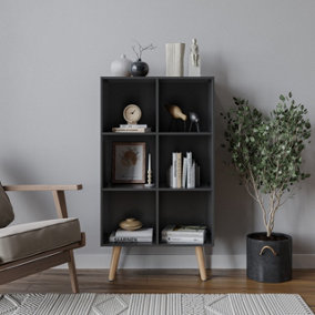 URBNLIVING 90cm Height 6 Cube Black Wooden Bookcase with Beech Legs Living Room Bedroom Unit Shelves