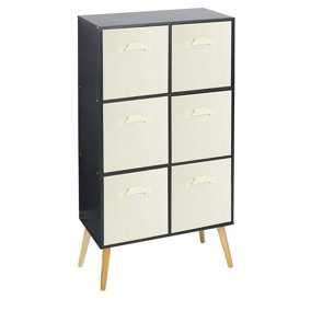 URBNLIVING 90cm Height 6 Cube Black Wooden Bookcase with Beech Legs Living Room Cream Shelf Storage Drawers