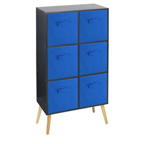 URBNLIVING 90cm Height 6 Cube Black Wooden Bookcase with Beech Legs Living Room Dark Blue Shelf Storage Drawers
