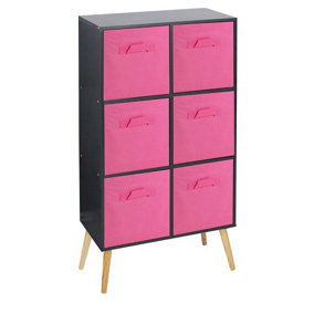 URBNLIVING 90cm Height 6 Cube Black Wooden Bookcase with Beech Legs Living Room Dark Pink Shelf Storage Drawers