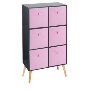 URBNLIVING 90cm Height 6 Cube Black Wooden Bookcase with Beech Legs Living Room Light Pink Shelf Storage Drawers