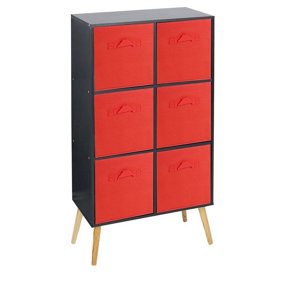 URBNLIVING 90cm Height 6 Cube Black Wooden Bookcase with Beech Legs Living Room Red Shelf Storage Drawers