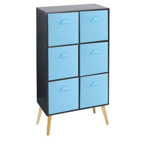 URBNLIVING 90cm Height 6 Cube Black Wooden Bookcase with Beech Legs Living Room Sky Blue Shelf Storage Drawers