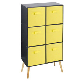 URBNLIVING 90cm Height 6 Cube Black Wooden Bookcase with Beech Legs Living Room Yellow Shelf Storage Drawers