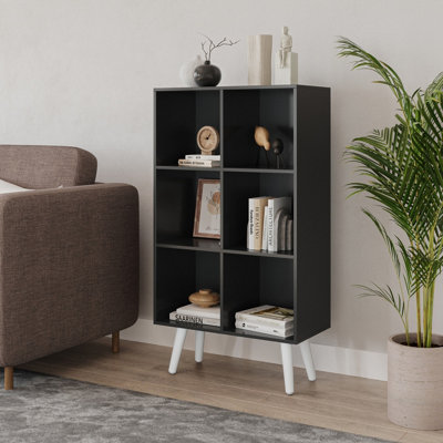 URBNLIVING 90cm Height 6 Cube Black Wooden Bookcase with Black Legs Living Room Bedroom Unit Shelves