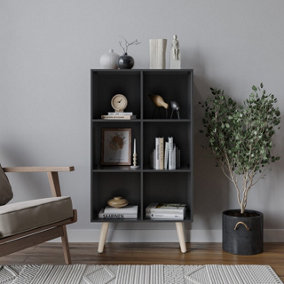 URBNLIVING 90cm Height 6 Cube Black Wooden Bookcase with Pine Legs Living Room Bedroom Unit Shelves