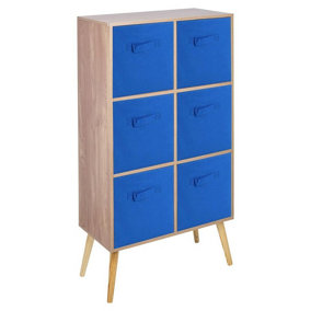URBNLIVING 90cm Height 6 Cube Oak Wooden Bookcase with Beech Legs Living Room Dark Blue Shelf Storage Drawers