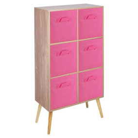 URBNLIVING 90cm Height 6 Cube Oak Wooden Bookcase with Beech Legs Living Room Dark Pink Shelf Storage Drawers