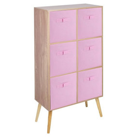 URBNLIVING 90cm Height 6 Cube Oak Wooden Bookcase with Beech Legs Living Room Light Pink Shelf Storage Drawers