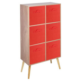 URBNLIVING 90cm Height 6 Cube Oak Wooden Bookcase with Beech Legs Living Room Red Shelf Storage Drawers
