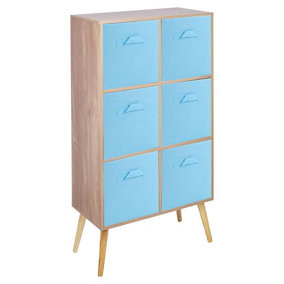URBNLIVING 90cm Height 6 Cube Oak Wooden Bookcase with Beech Legs Living Room Sky Blue Shelf Storage Drawers