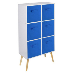 URBNLIVING 90cm Height 6 Cube White Wooden Bookcase with Beech Legs Living Room Dark Blue Shelf Storage Drawers