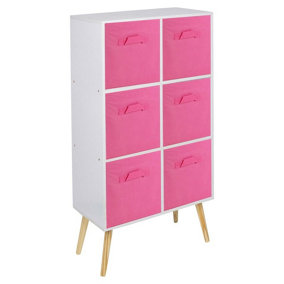URBNLIVING 90cm Height 6 Cube White Wooden Bookcase with Beech Legs Living Room Dark Pink Shelf Storage Drawers