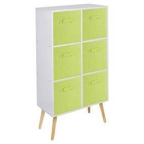 URBNLIVING 90cm Height 6 Cube White Wooden Bookcase with Beech Legs Living Room  Green Shelf Storage Drawers
