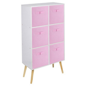 URBNLIVING 90cm Height 6 Cube White Wooden Bookcase with Beech Legs Living Room  Light Pink Shelf Storage Drawers