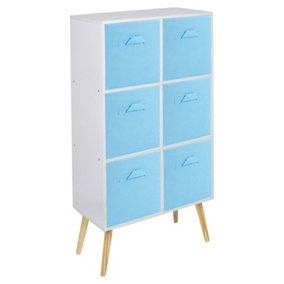 URBNLIVING 90cm Height 6 Cube White Wooden Bookcase with Beech Legs Living Room Sky Blue Shelf Storage Drawers