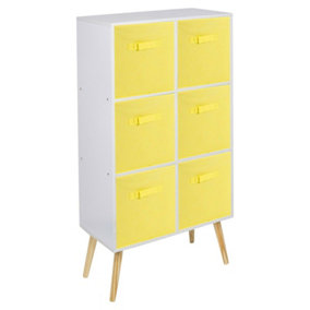URBNLIVING 90cm Height 6 Cube White Wooden Bookcase with Beech Legs Living Room Yellow Shelf Storage Drawers