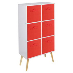 URBNLIVING 90cm Height 6 Cube White Wooden Bookcase with Beech Legs Red Shelf Storage Drawers