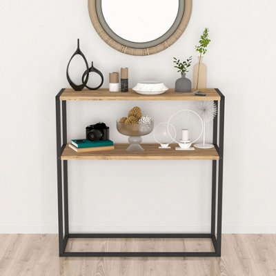 URBNLIVING 90cm Height Pine Console Table Slim Modern 2 Shelf Wooden Free Standing With Metal Frame