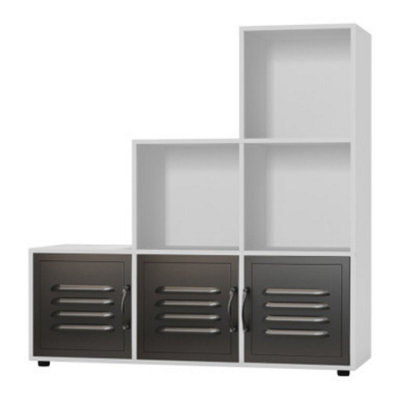 URBNLIVING 90cm Height White 6 Cube Step Shelving Unit With Black Metal Doors