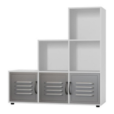 URBNLIVING 90cm Height White 6 Cube Step Shelving Unit With Grey Metal Doors