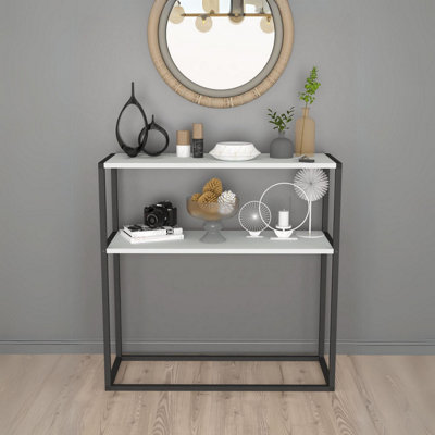 URBNLIVING 90cm Height White Console Table Slim Modern 2 Shelf Wooden Free Standing With Metal Frame