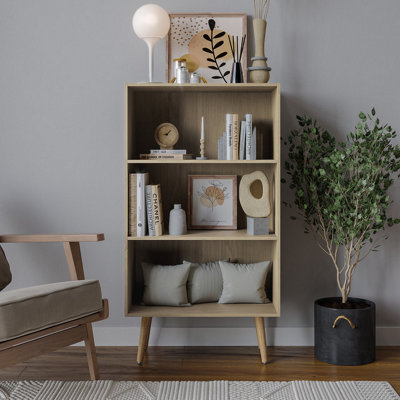 URBNLIVING 90cm Height Wide Oak 3 Tier Bookcase Storage Cabinet Scandinavian Style Beech Legs