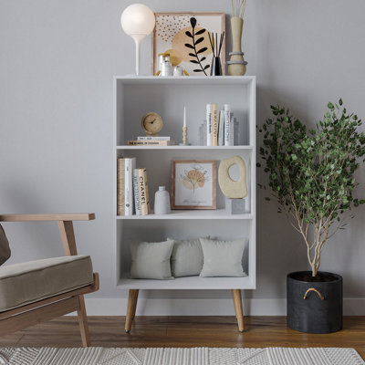 URBNLIVING 90cm Height Wide White 3 Tier Bookcase Storage Cabinet Scandinavian Style Beech Legs Dining Room Display