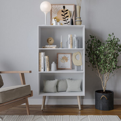 URBNLIVING 90cm Height Wide White 3 Tier Bookcase Storage Cabinet Scandinavian Style Pine Legs