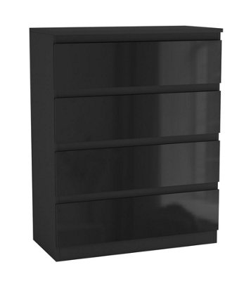 URBNLIVING 90cm Tall 4 Drawer High Gloss Bedside Chest of Drawers with Smooth Metal Runner Black & Black