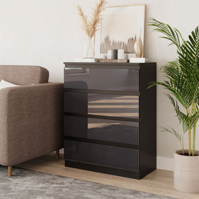 URBNLIVING 90cm Tall 4 Drawer High Gloss Bedside Chest of Drawers with Smooth Metal Runner Black & Grey