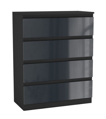 URBNLIVING 90cm Tall 4 Drawer High Gloss Bedside Chest of Drawers with Smooth Metal Runner Black & Grey