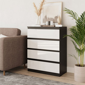 URBNLIVING 90cm Tall 4 Drawer High Gloss Bedside Chest of Drawers with Smooth Metal Runner Black & White