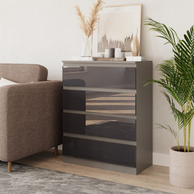 URBNLIVING 90cm Tall 4 Drawer High Gloss Bedside Chest of Drawers with Smooth Metal Runner Grey & Grey