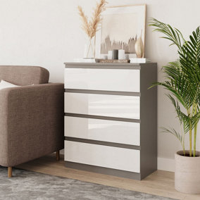 URBNLIVING 90cm Tall 4 Drawer High Gloss Bedside Chest of Drawers with Smooth Metal Runner Grey & White