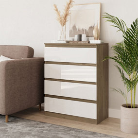 URBNLIVING 90cm Tall 4 Drawer High Gloss Bedside Chest of Drawers with Smooth Metal Runner Oak & White