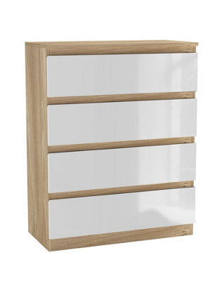 URBNLIVING 90cm Tall 4 Drawer High Gloss Bedside Chest of Drawers with Smooth Metal Runner Oak & White