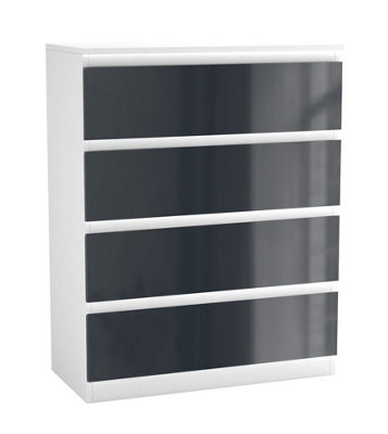 URBNLIVING 90cm Tall 4 Drawer High Gloss Bedside Chest of Drawers with Smooth Metal Runner White & Grey