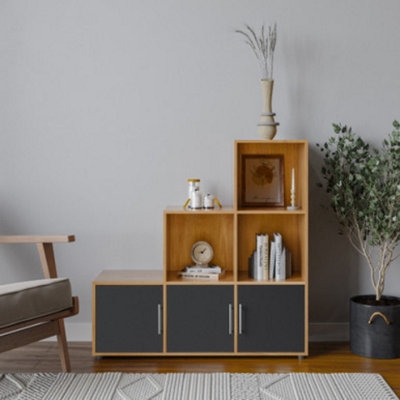 URBNLIVING 91cm Height 6 Cube Step Beech Storage Bookcase Shelf Unit Black Wooden Door With Metal Handle