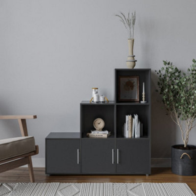 URBNLIVING 91cm Height 6 Cube Step Black Storage Bookcase Shelf Unit Black Wooden Door With Metal Handle